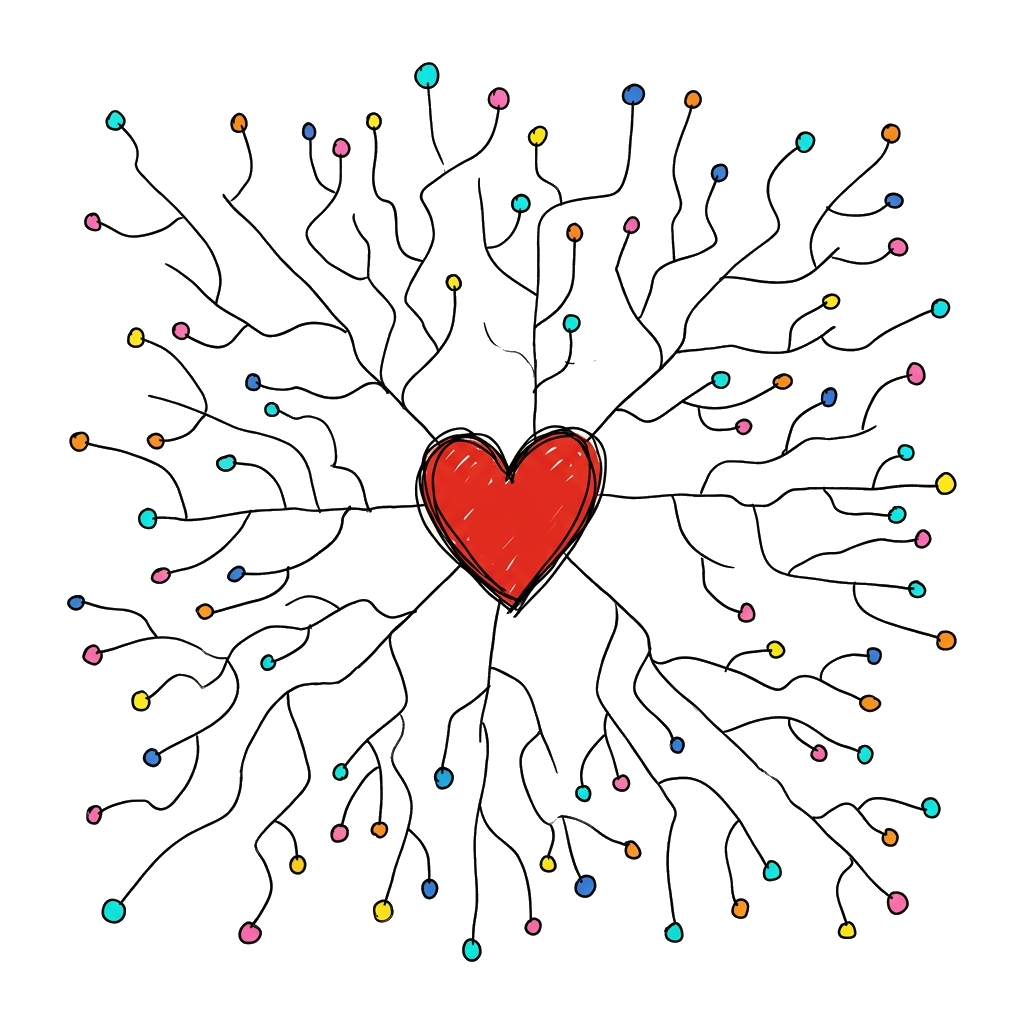 A red heart with many colorful nerve-endings reaching outward