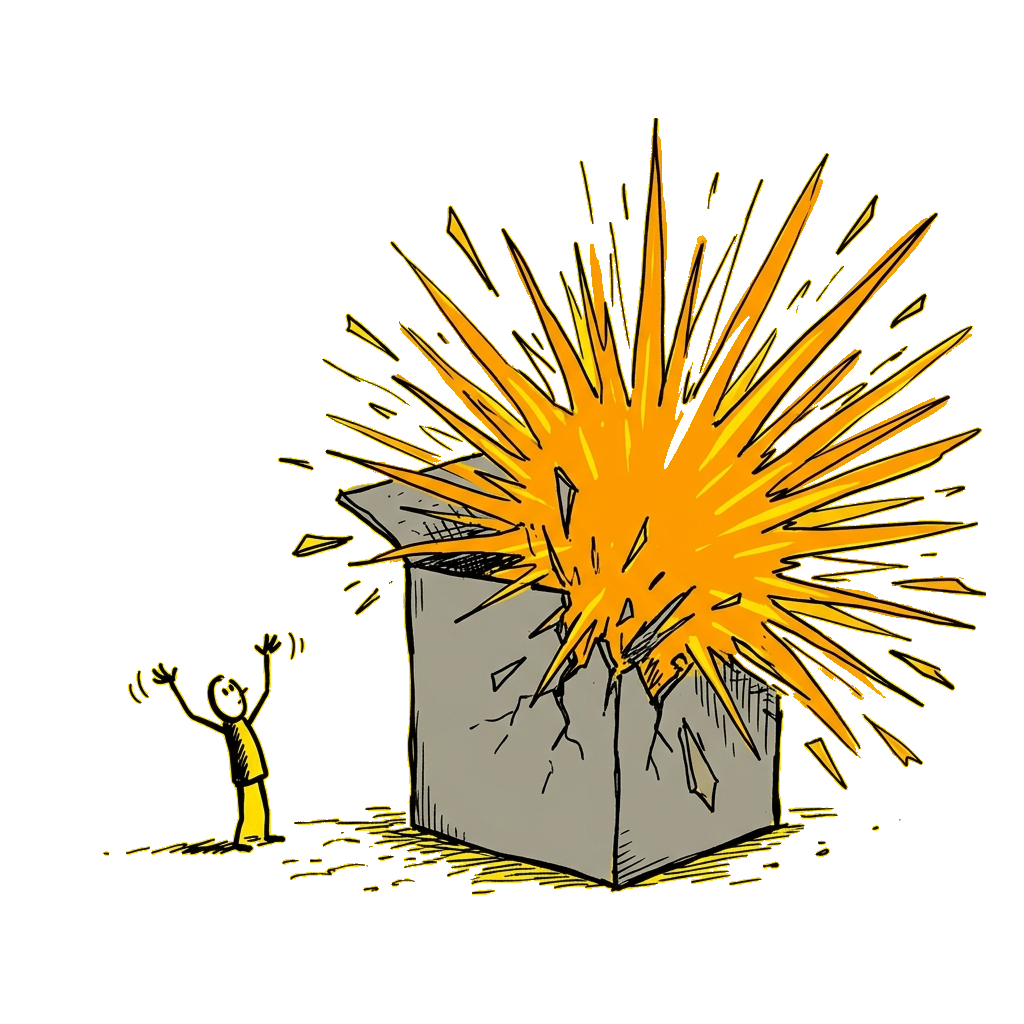 Stick figure cheering as a box opens with a burst of light