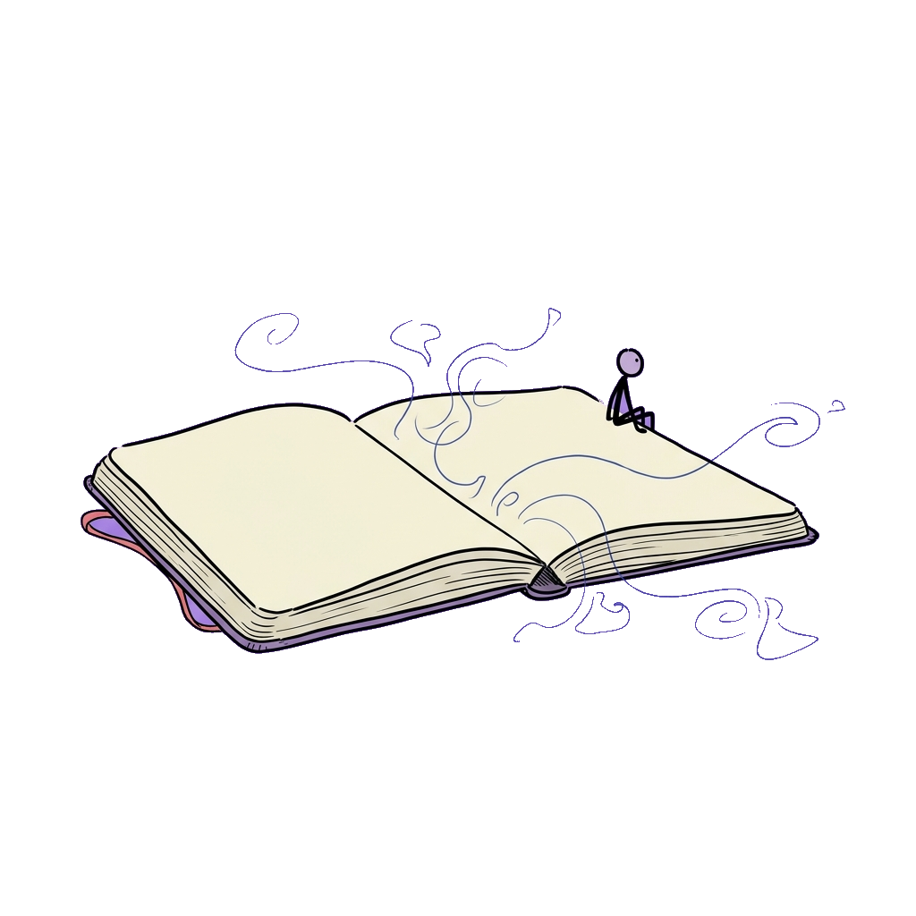 Stick figure sitting on the edge of an open journal, with thought swirls